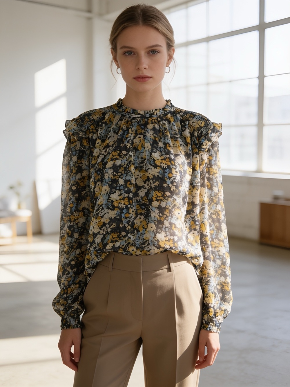 LOFT Floral Print Ruffle Shoulder Long Sleeve Blouse Blue Yellow Black Medium